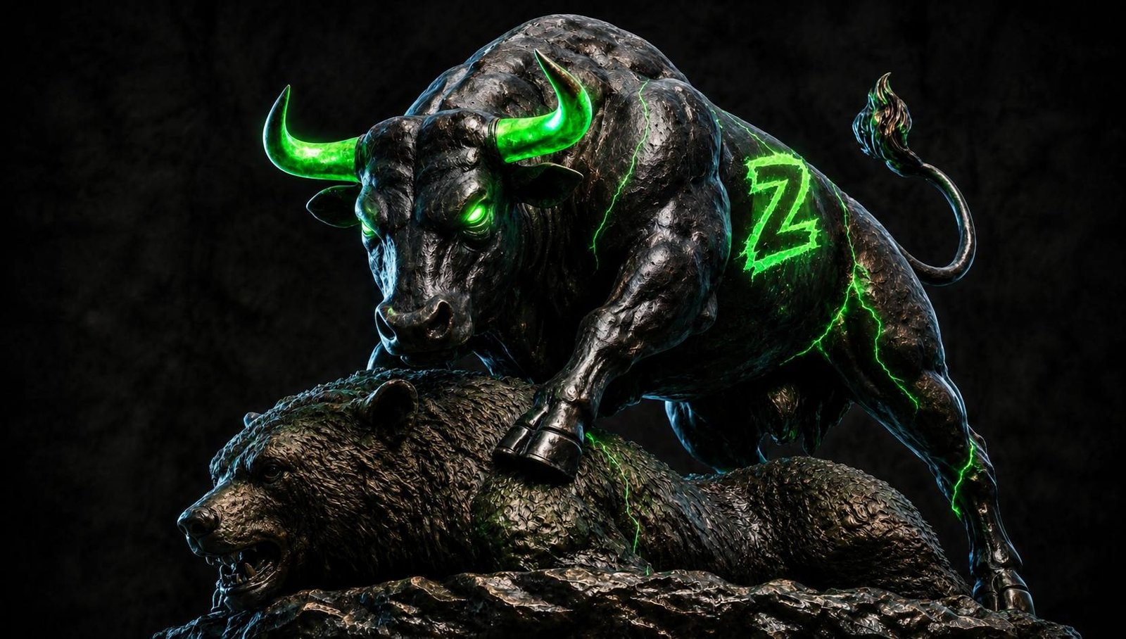 Glowing green Z branded bull standing over a bear