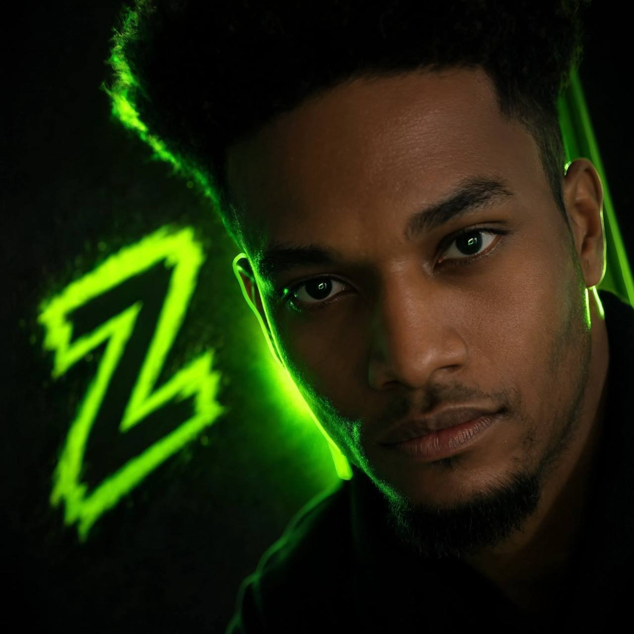 Close portrait lit by a neon green Z