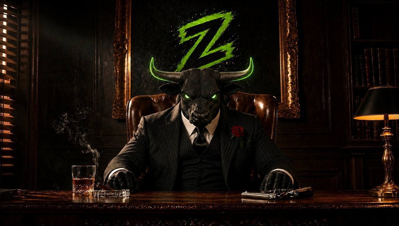Suited bull seated beneath a glowing Z portrait