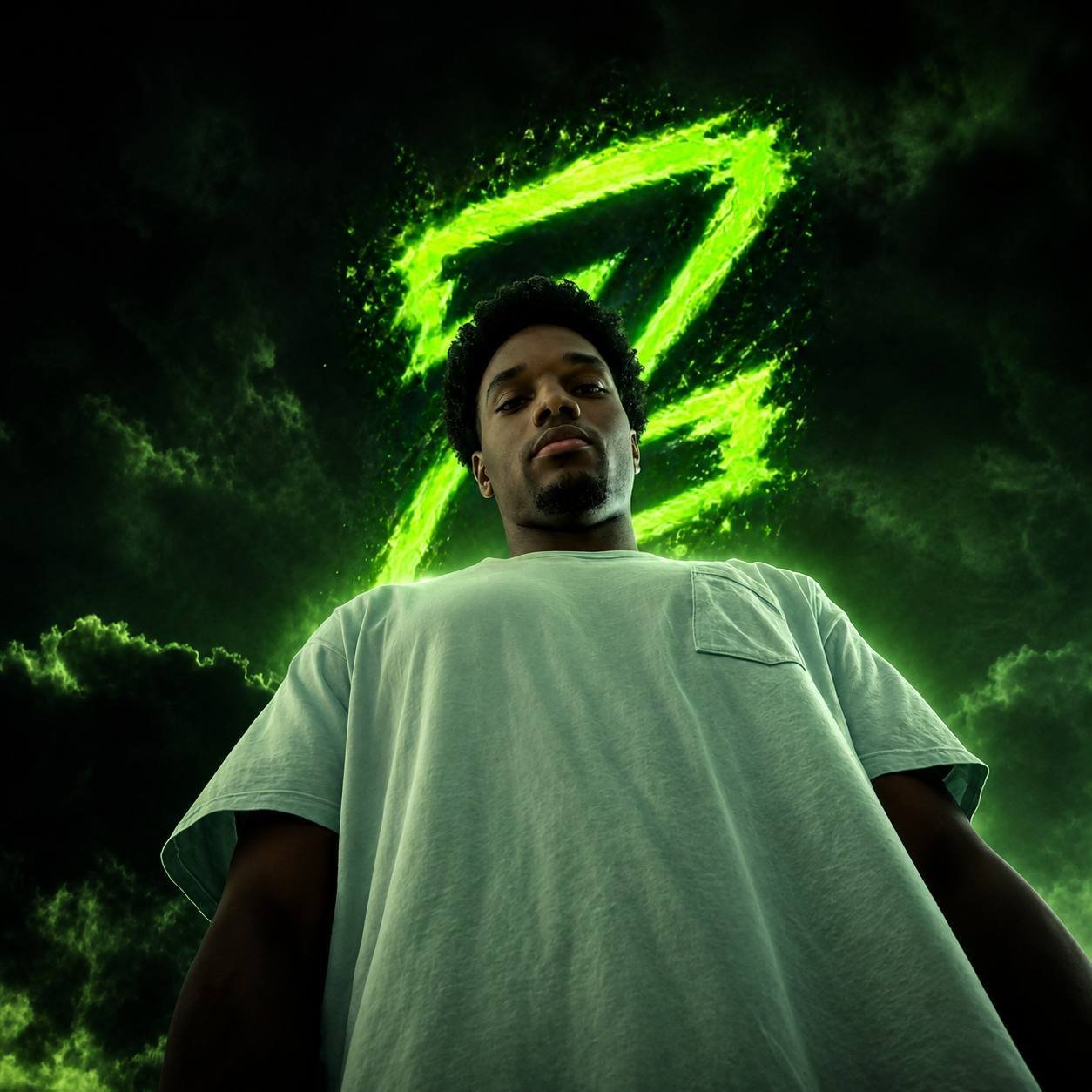 Figure standing beneath a glowing green Z in storm clouds