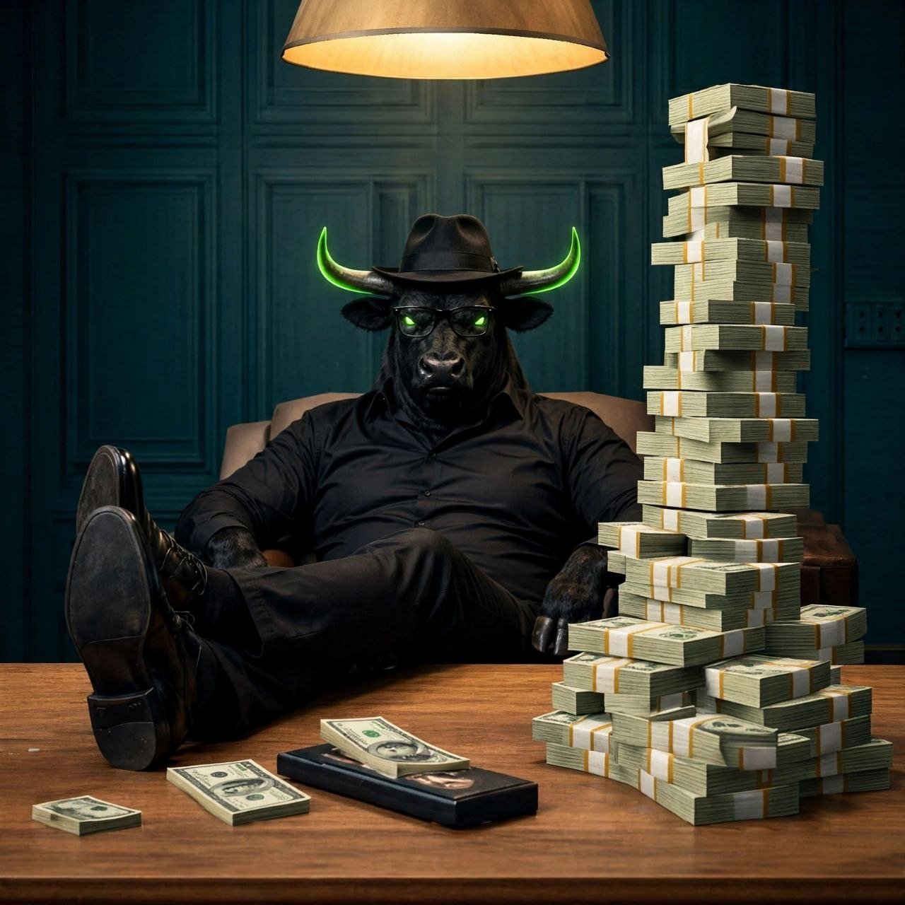 Bull in a suit seated beside stacks of cash