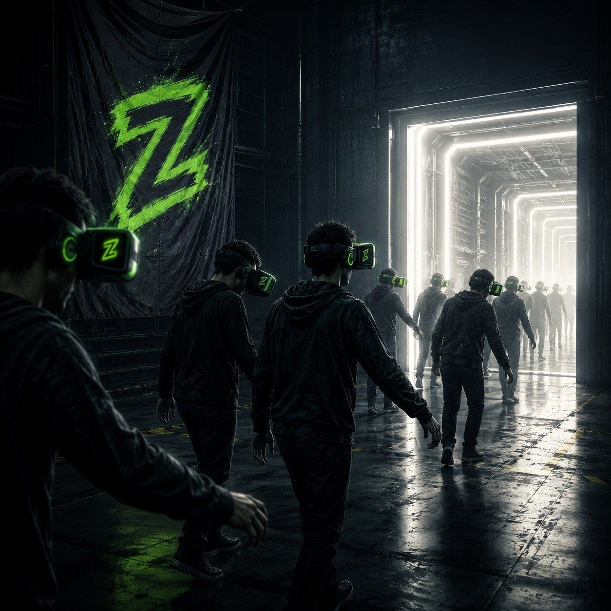 Crowd walking toward a lit corridor beneath a Z banner