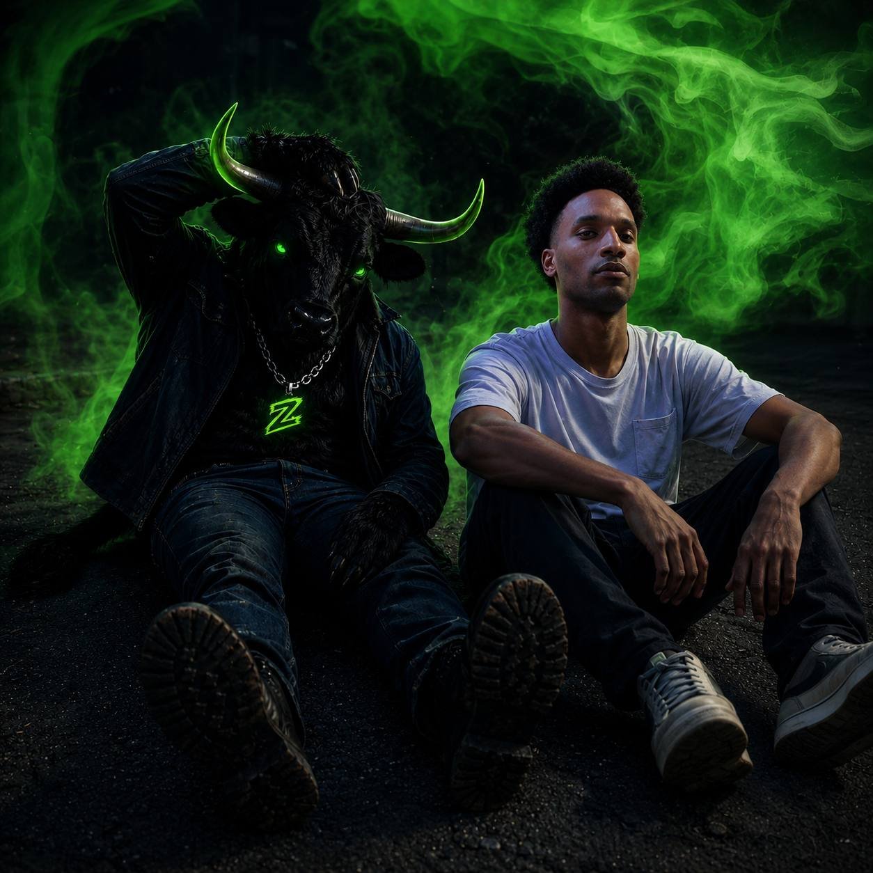 Two figures seated in green smoke, one wearing a Z pendant