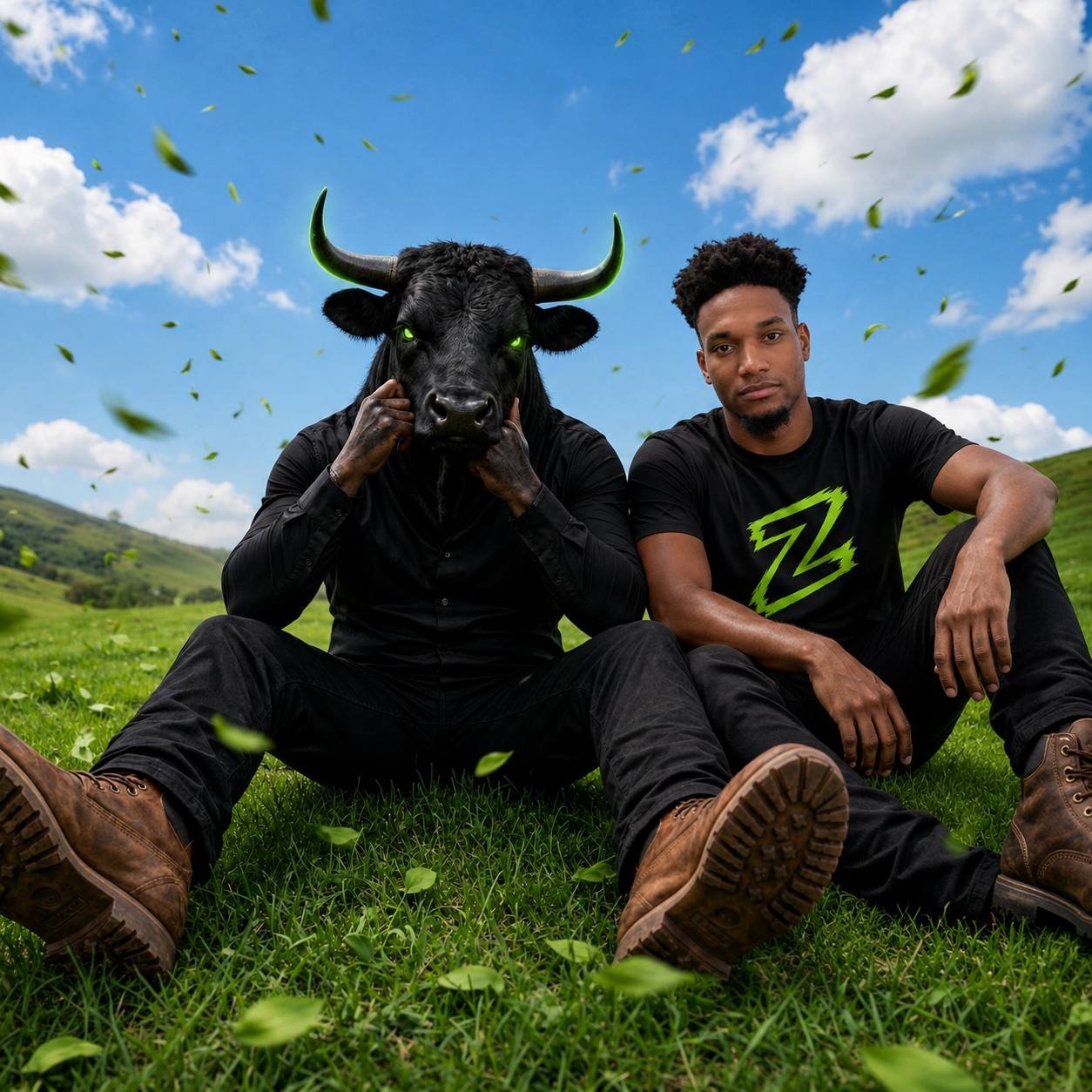 Two figures in a green field, one in a Z shirt